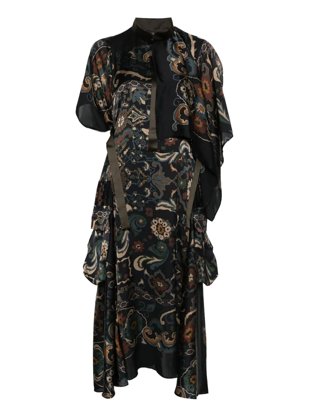 Sacai Paisley Print Layered Midi Dress — Black/ Red — Size XS — Front View
