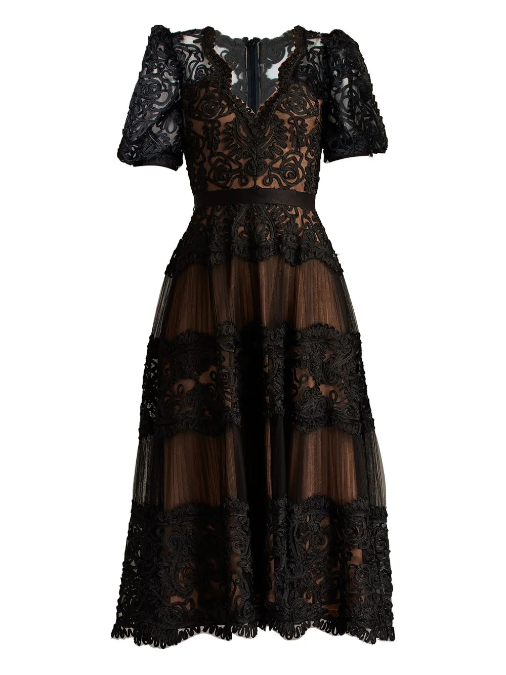 Tadashi Shoji Belline Puff Sleeve Embroidered Dress — Black/ Red — Size XL — Front View