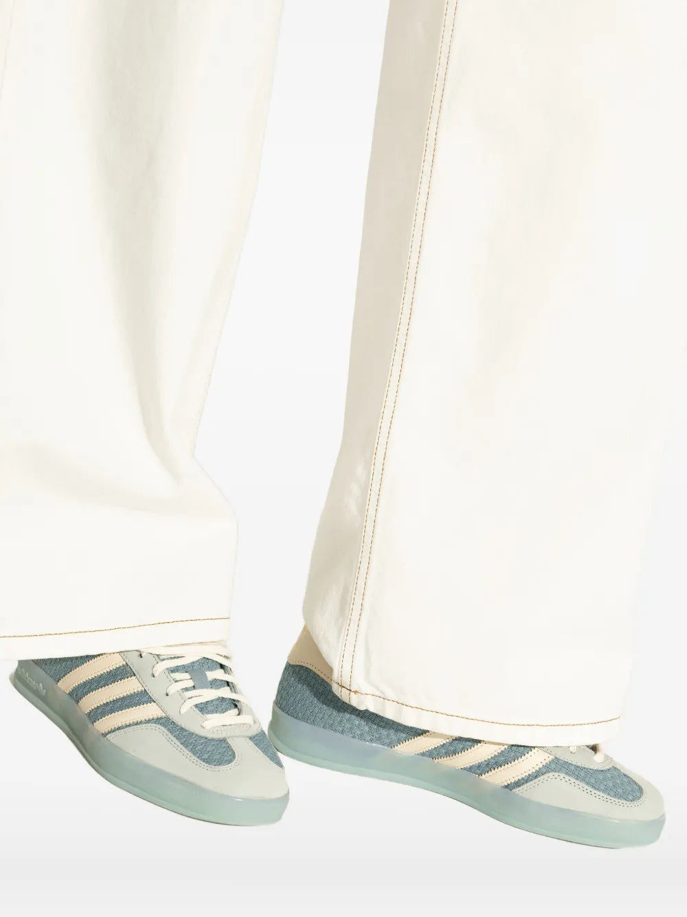 adidas Gazelle Indoor Three-Stripe Sneakers — Light Blue — Size US M 6 - US W 7.5 — Detail View