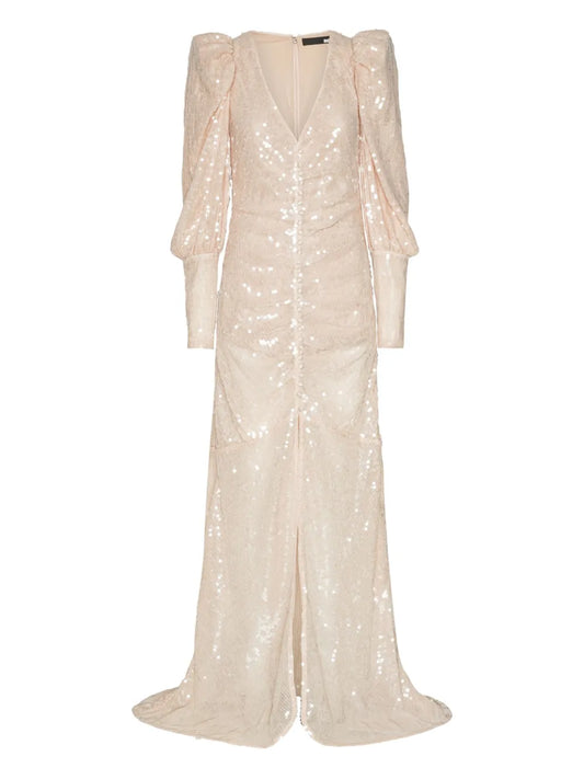 Rotate Birger Christensen Sequin Embellishment Puff Sleeve Maxi Dress — Beige — Size XS — Front View