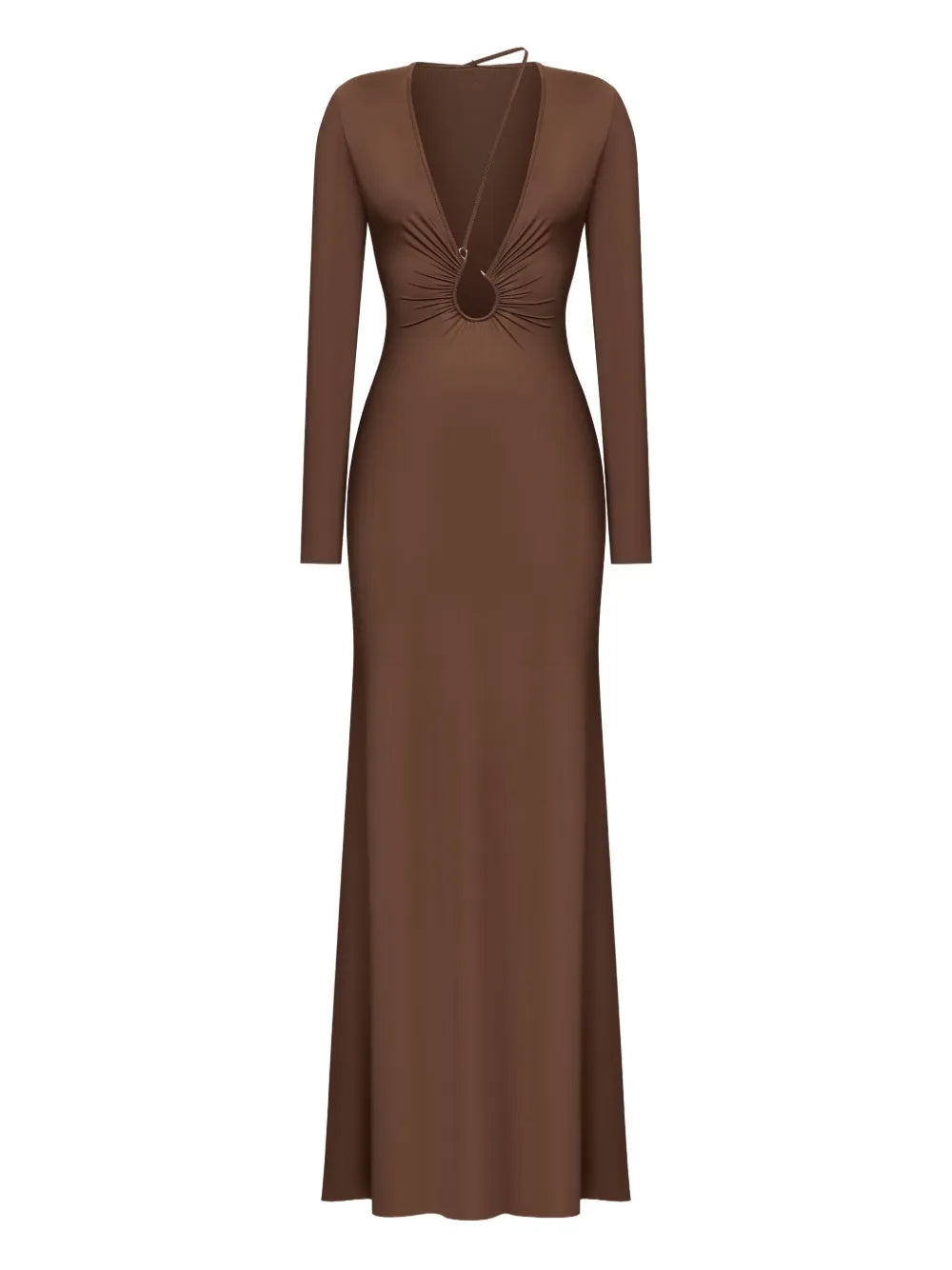 Korobeynikov Ring Detail Asymmetrical Maxi Dress — Brown — Size S — Front View