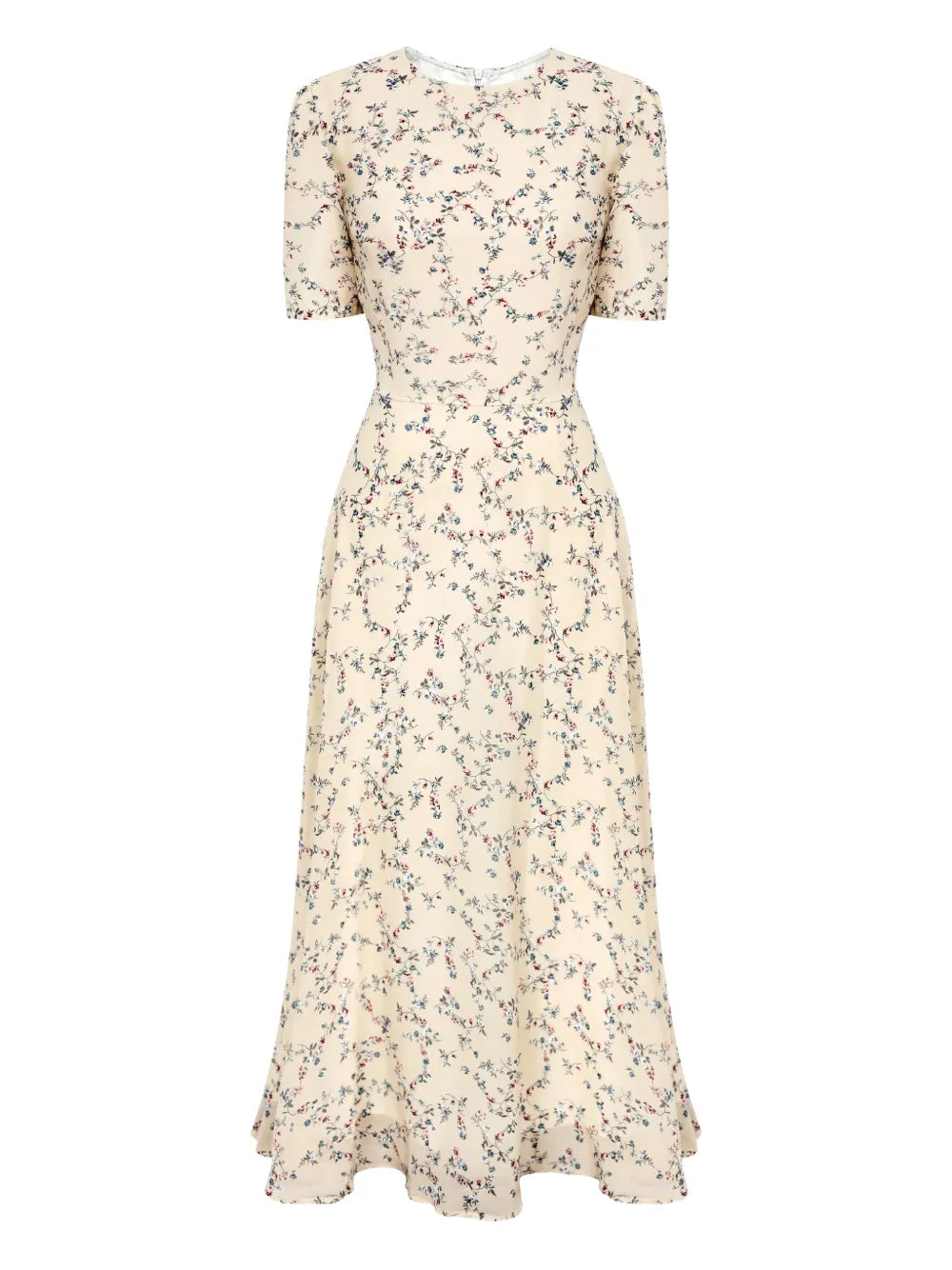 Post Meridiem Puff Sleeve Floral Midi Dress — Red/ Yellow — Size XS — Front View