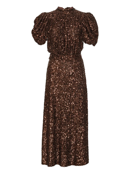 Rotate Birger Christensen Sequin Embellishment Puff Sleeve Midi Dress — Brown — Size XXL — Front View
