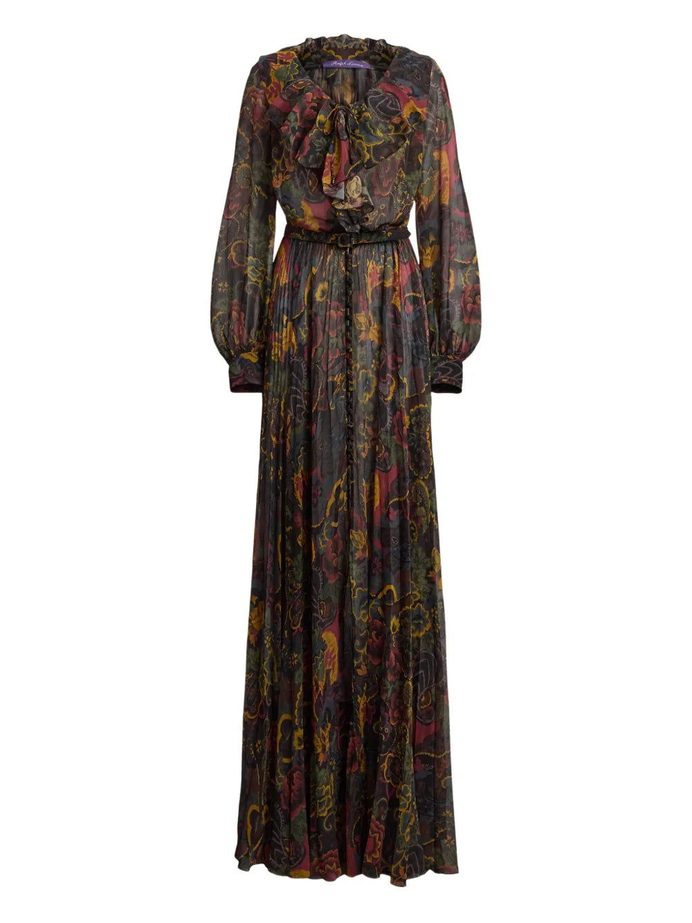 Ralph Lauren Collection Pleated Ruffle Neck Maxi Dress — Black — Size XS — Front View