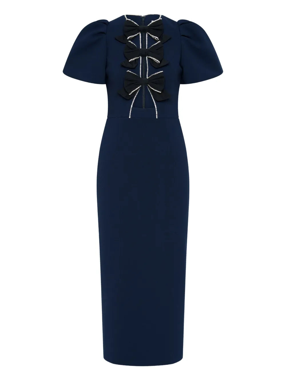 Rebecca Vallance Nemy Bow Midi Dress — Blue/ Navy — Size M — Front View