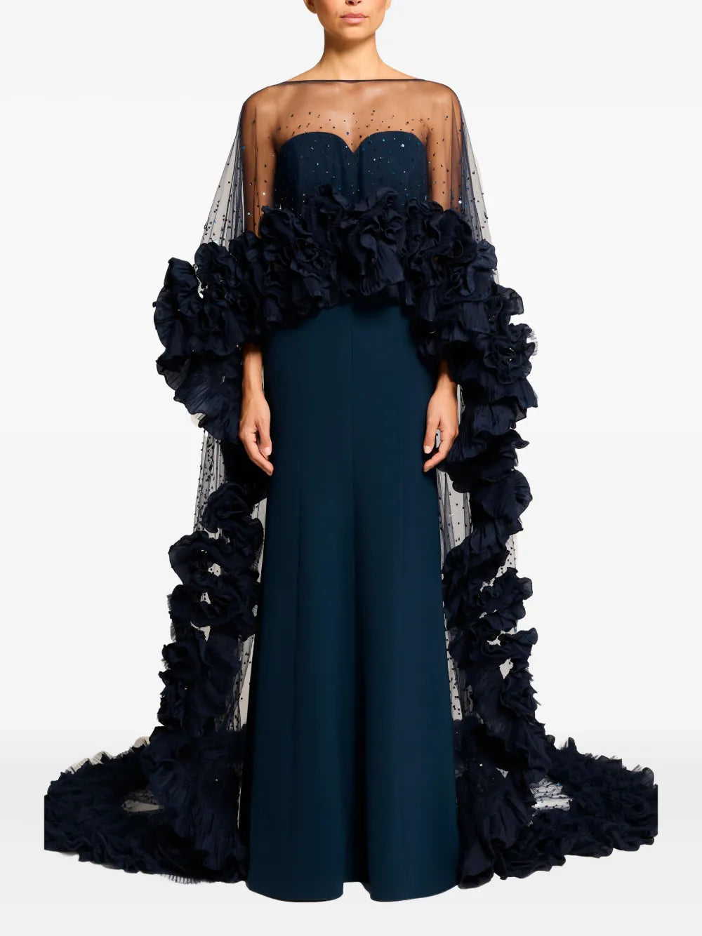 Jenny Packham Petal Bloom Ruffle Detailed Cape — Blue — Size XS — Front View