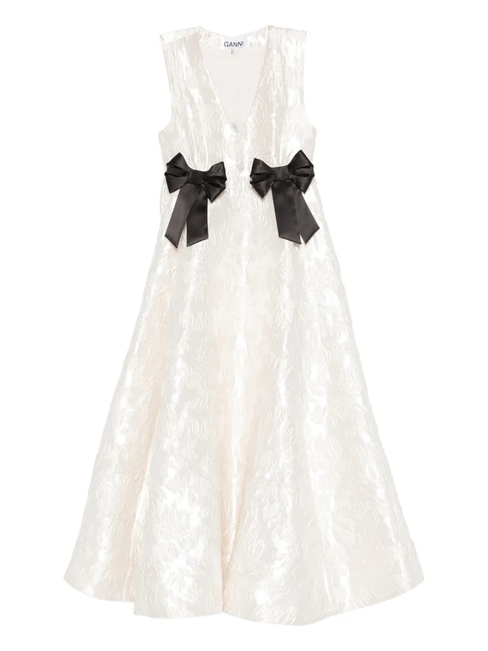 Ganni Bow V Neck Midi Dress — White — Size XS — Front View