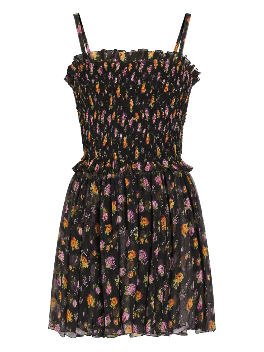 Dolce Gabbana Ruffled Floral Mini Dress — Black — Size XS — Front View