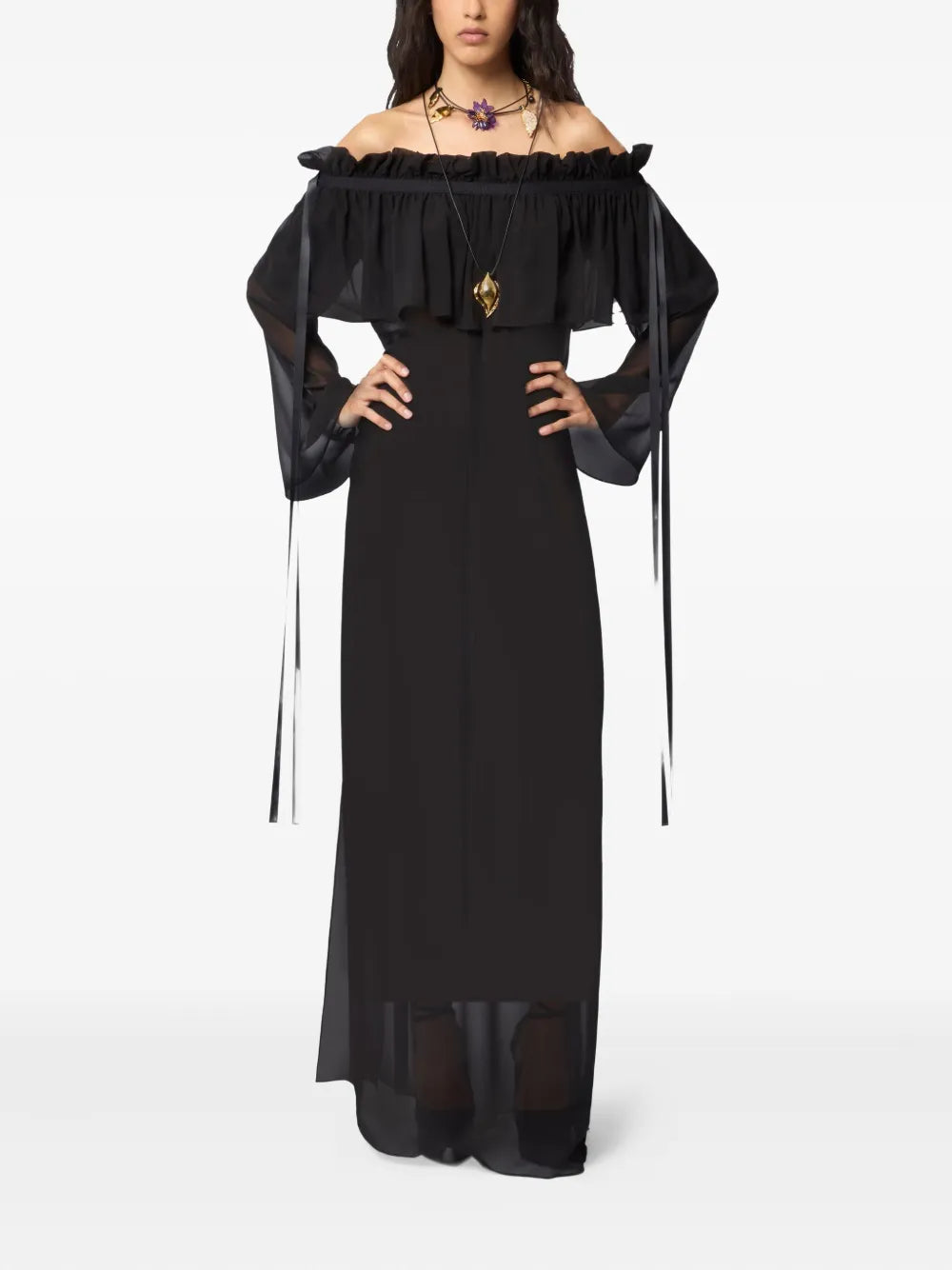 Nina Ricci Ruffled Bow Silk Maxi Dress — Black — Size XS — Front View