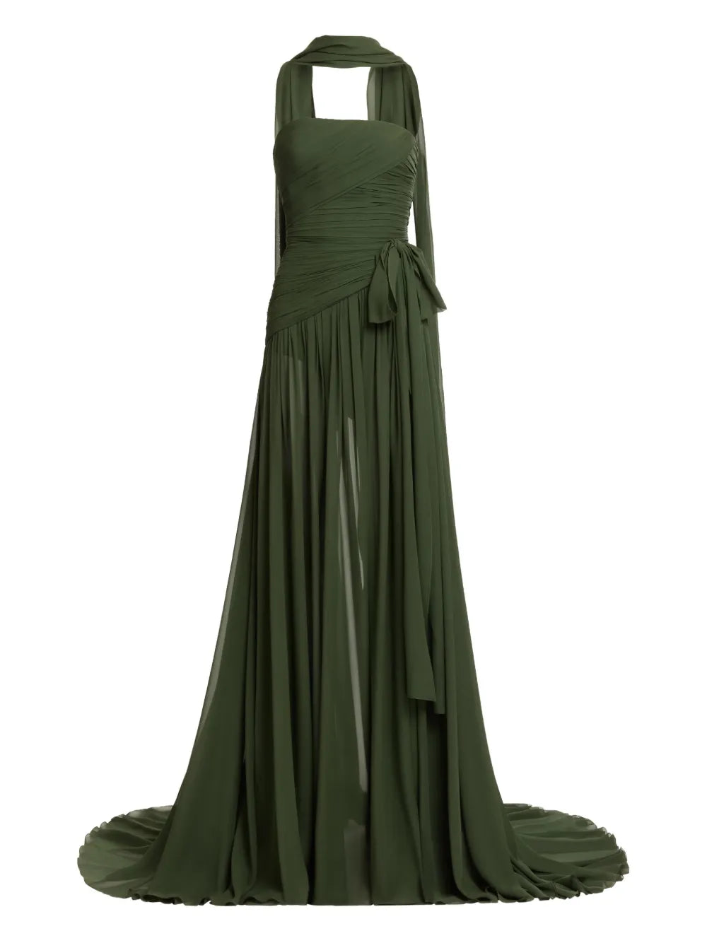 Elie Saab Ruched Tie Maxi Dress — Green — Size XS — Front View