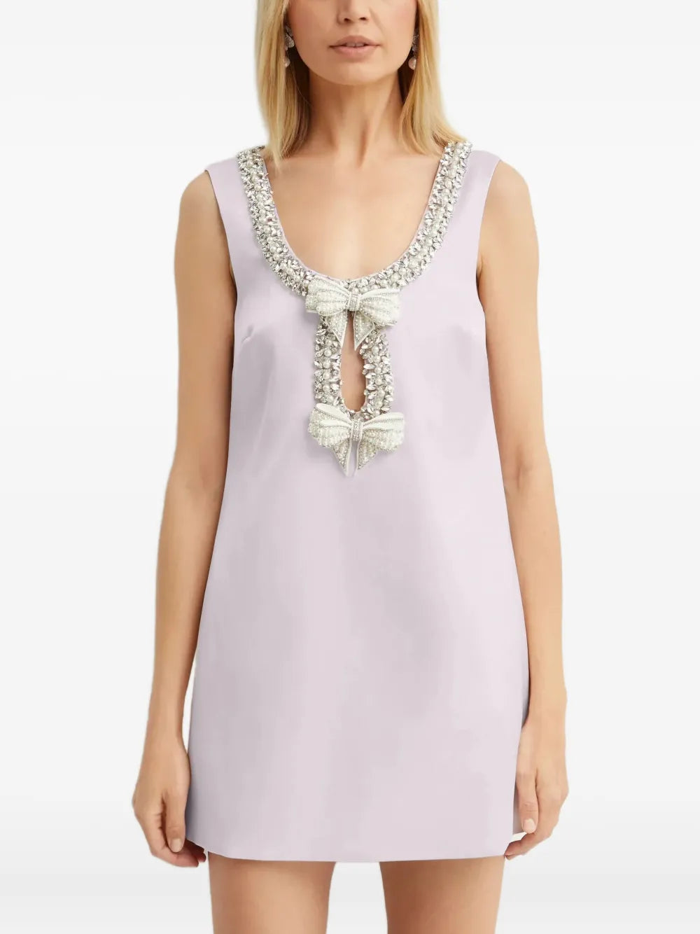 Self Portrait Crystal Embellished Bow Mini Dress — Pink — Size XS — Front View
