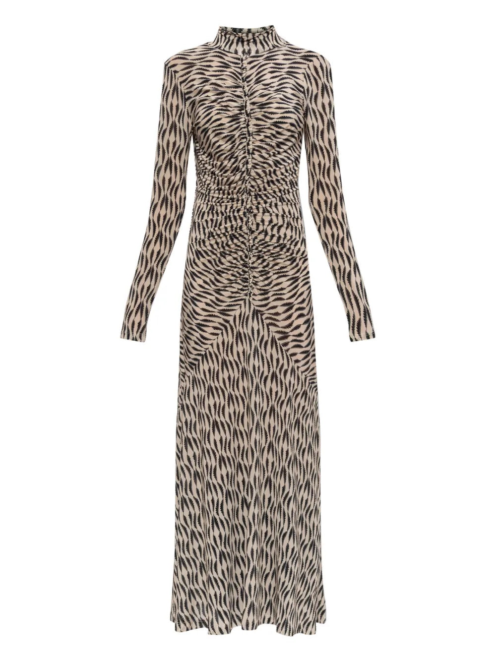 Ulla Johnson Ida Long Sleeve Ruched Turtleneck Maxi Dress — Beige/ Red — Size XS — Front View