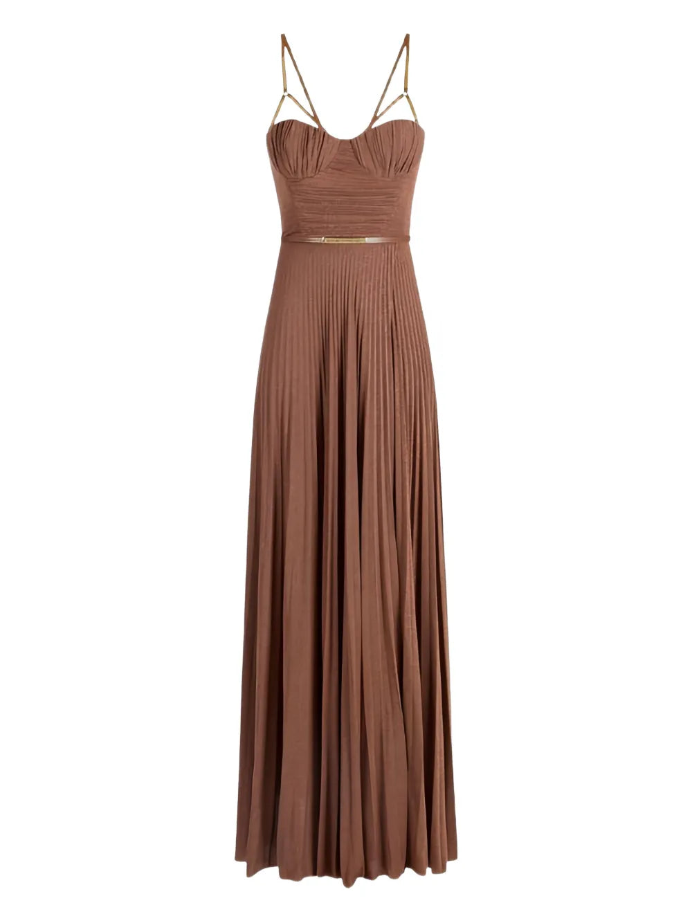 Elisabetta Franchi Sweetheart Neckline Pleated Gown — Dark Brown/ Brown — Size XS — Front View