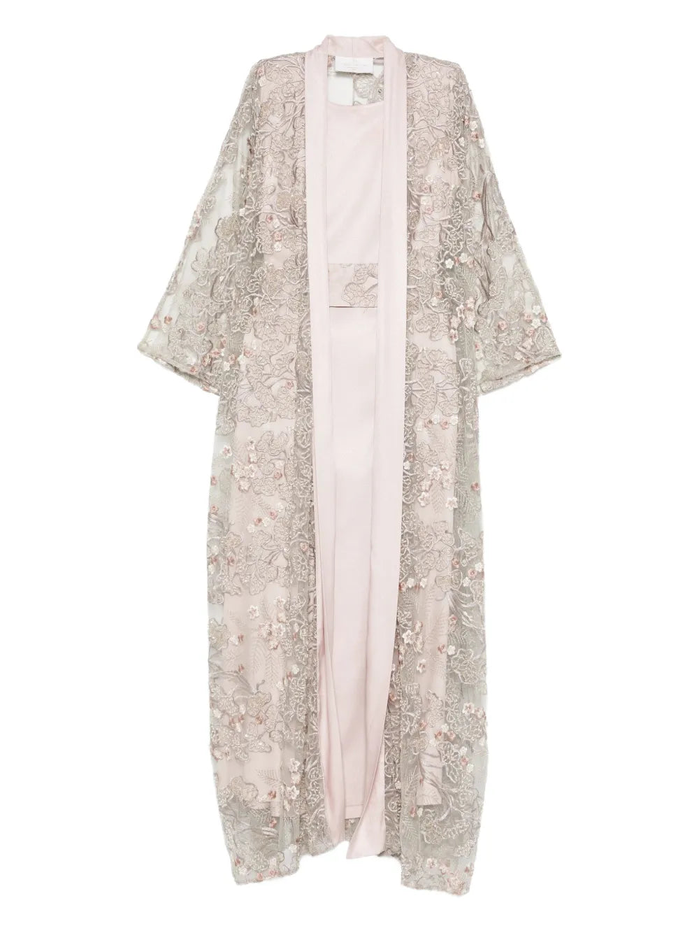 Reem Al Dhaheri Embroidered Cape Kaftan Set — Beige/ Tan/ Red — Size S — Front View