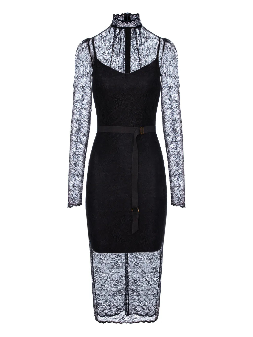 Murmur Mist Lace Belted Midi Dress — Black — Size XS — Front View