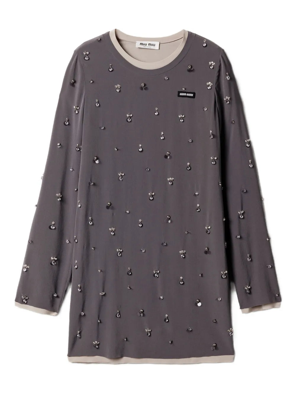 Miu Miu Embroidered Long Sleeve Mini Dress — Grey/ Red — Size XS — Front View