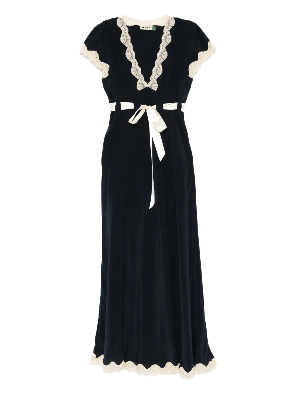 Rixo Marlice Lace Detail Tie Detail Midi Dress — Navy — Size S — Front View