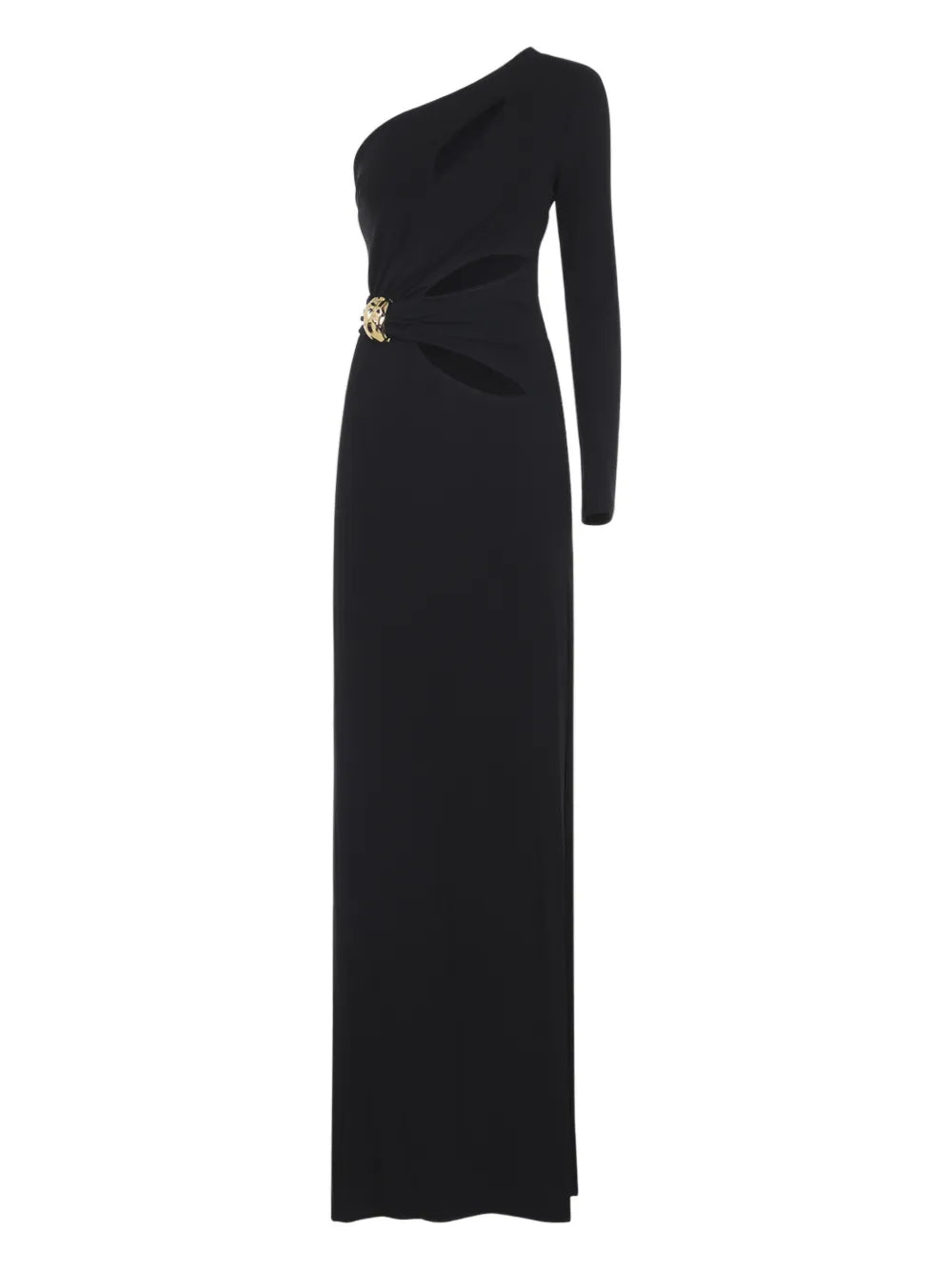 Elisabetta Franchi One Shoulder Cut Out Detail Maxi Dress — Black/ Gold — Size XS — Front View