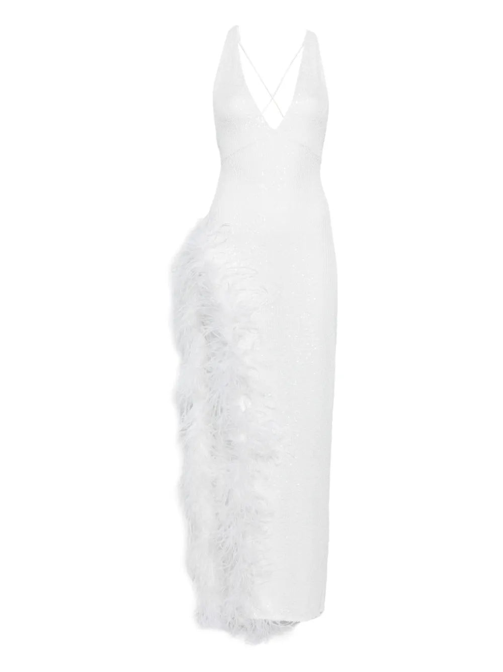 Atu Body Couture Feather Trim V Neck Maxi Dress — White — Size XS — Front View
