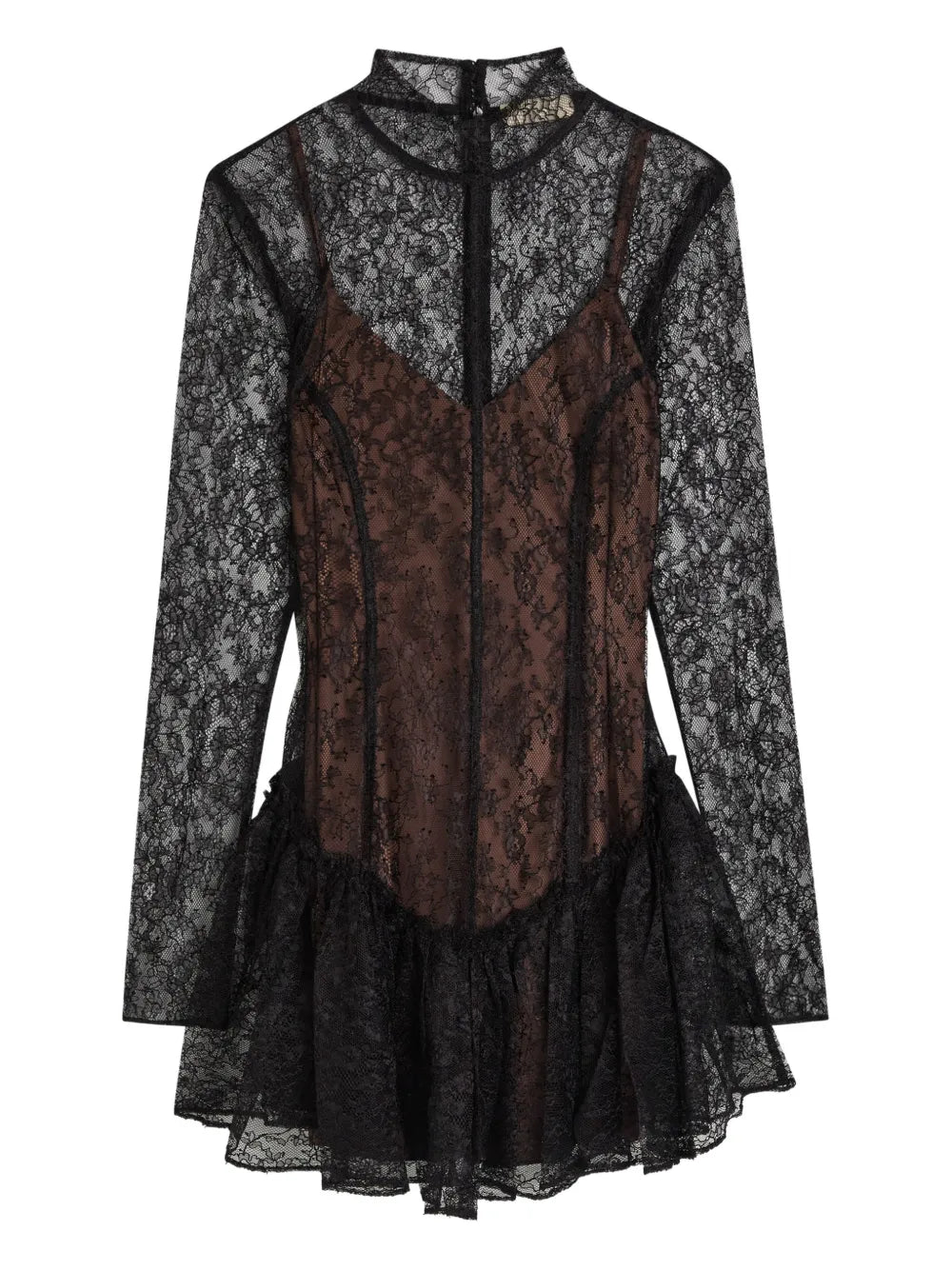 De La Vali Brisa Lace Ruffled Mini Dress — Black — Size S — Front View