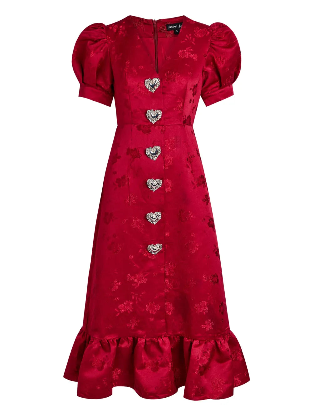 Sister Jane Carnival Heart Embellished Puff Sleeve Dress — Red — Size S — Front View
