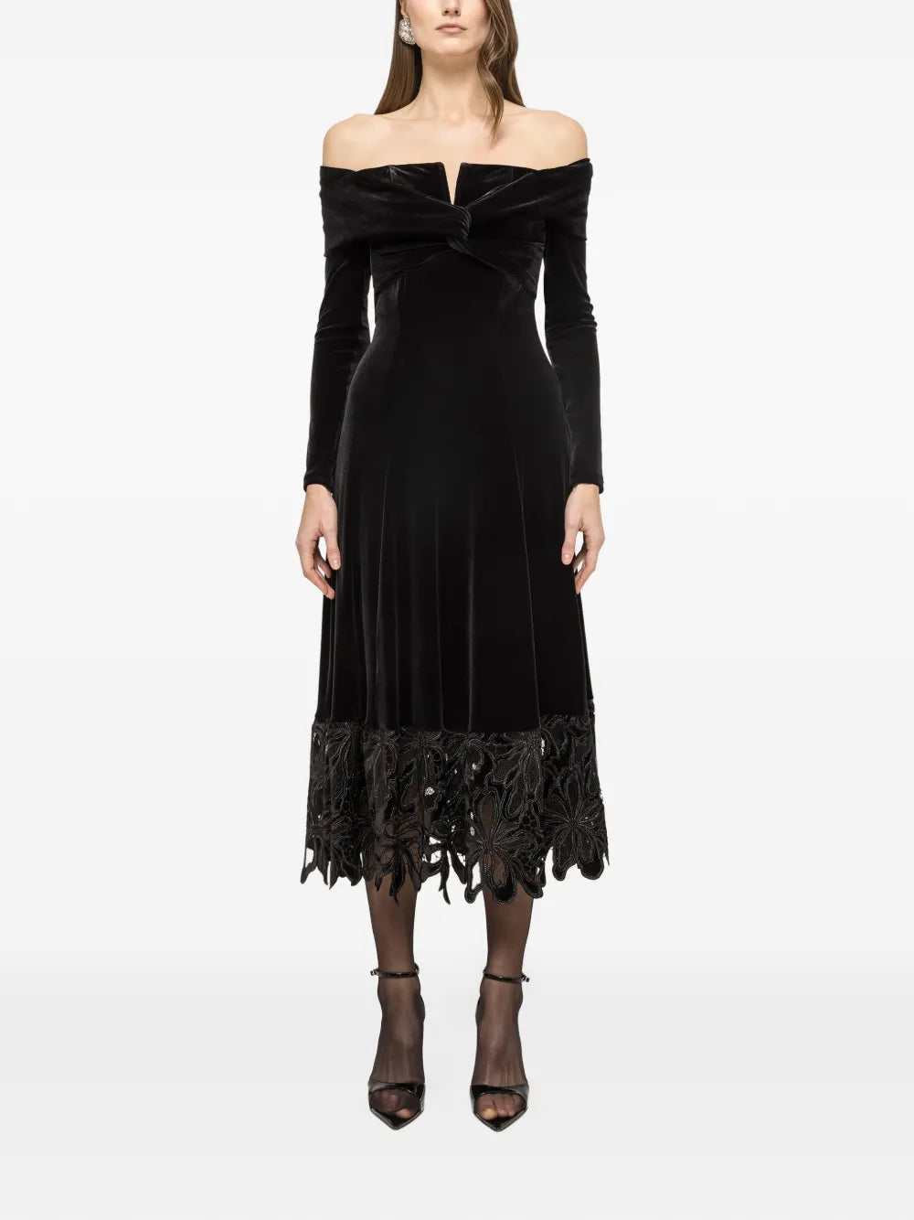 Nissa Off Shoulder Velvet Midi Dress — Black — Size S — Front View