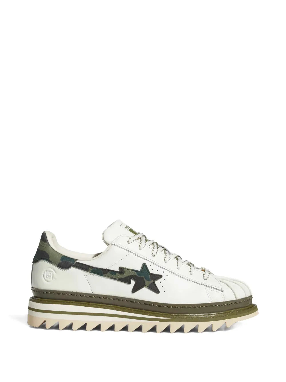 adidas Clot X Bape?Camouflage Star Low-Tops Sneakers — White / Green — Size US M 8.5 - US W 10 — Front View