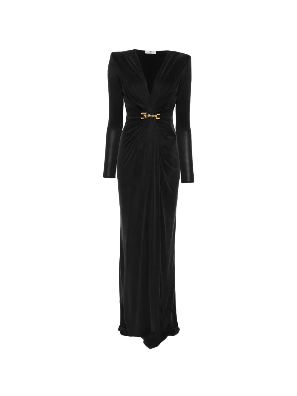 Elisabetta Franchi V Neck Long Sleeve Maxi Dress — Black/ Gold — Size S — Front View